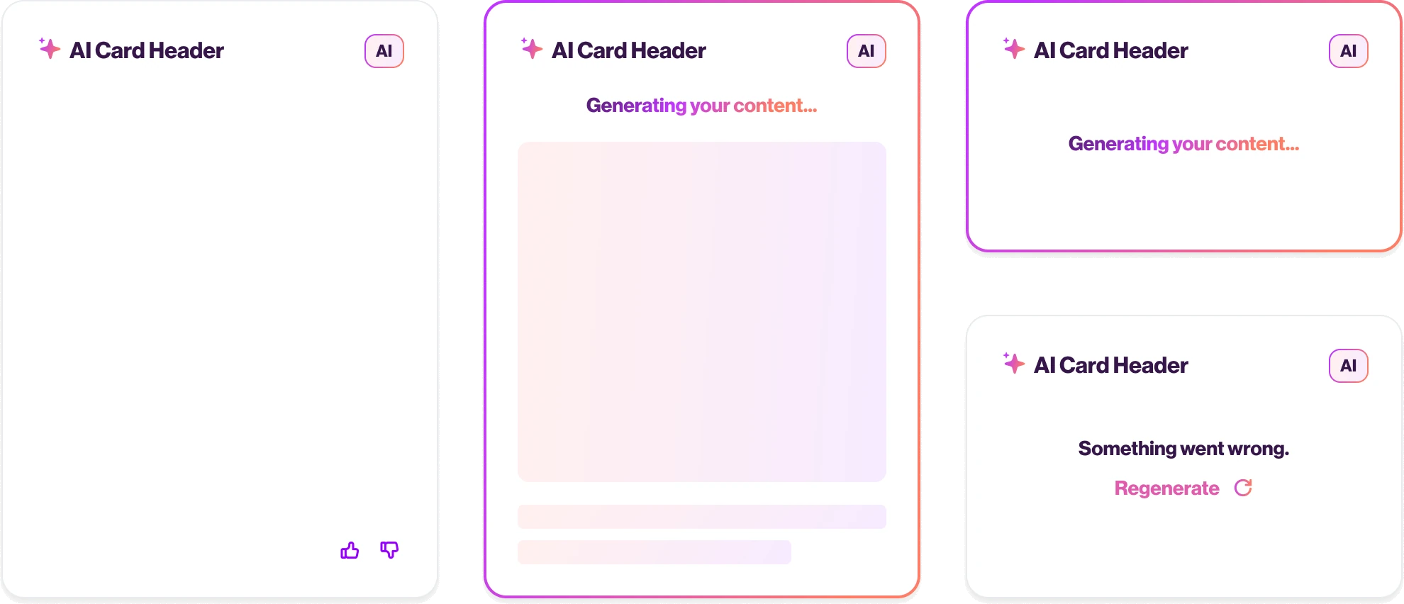 AI cards in empty, generating, compact and error states