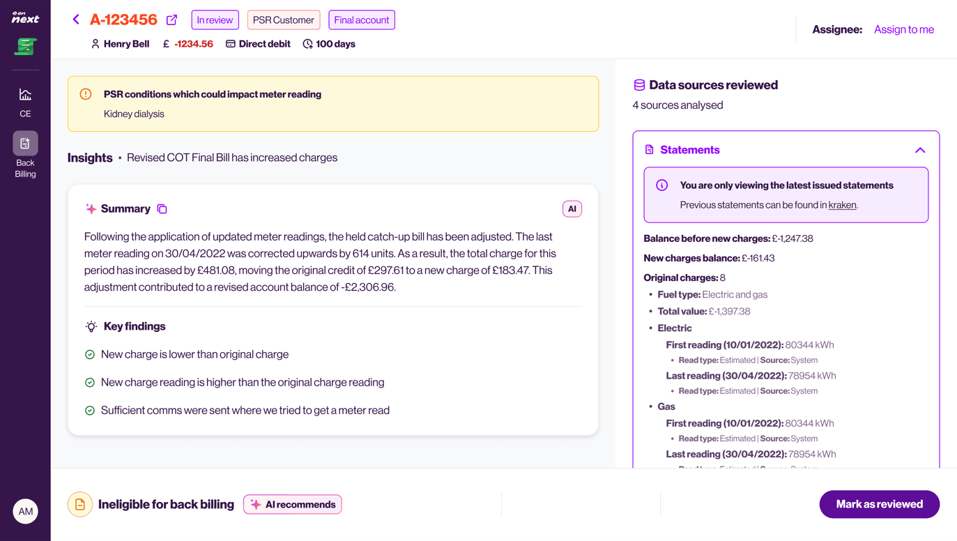 Back billing account with AI insights