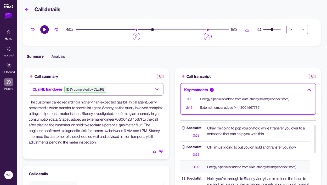 Call details with an AI summary and transcript