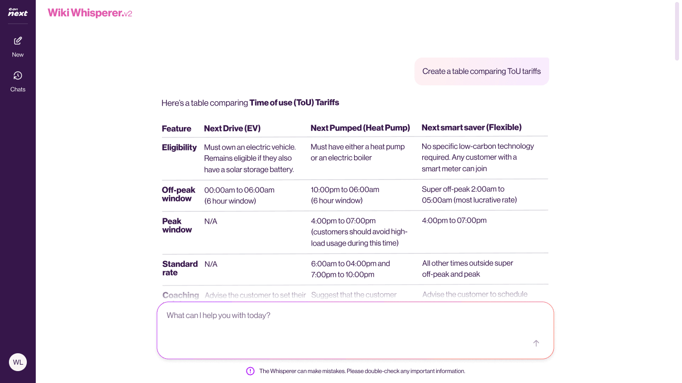 Wiki Whisperer answering a tariff comparison in chat