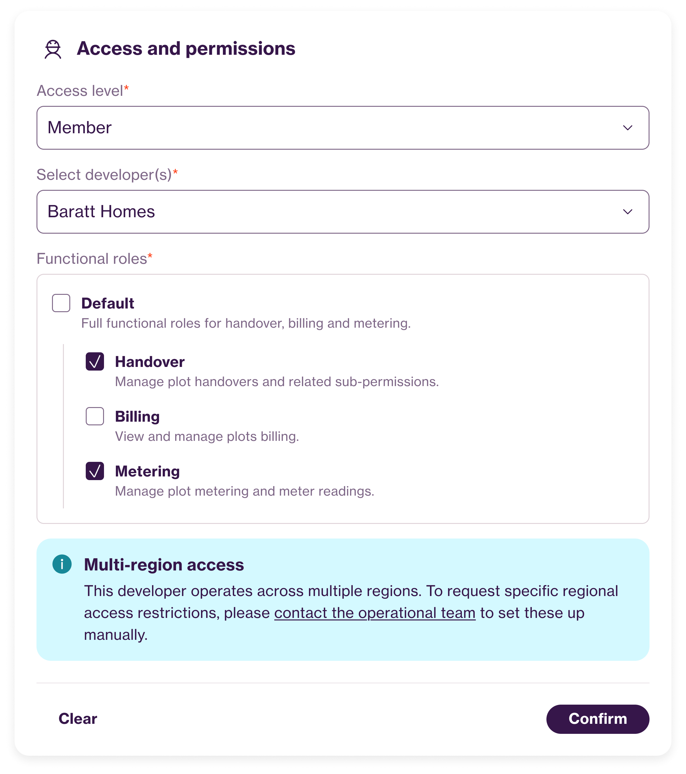 The access and permissions panel: access level, developer selection, functional role checkboxes for handover, billing and metering, and a multi-region access notice