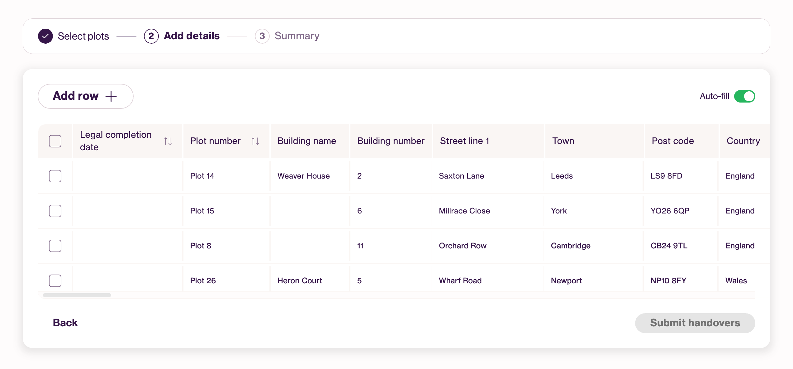 The batch flow's add-details step: the four selected plots in an editable table with building, street, town, postcode and country columns and an auto-fill toggle