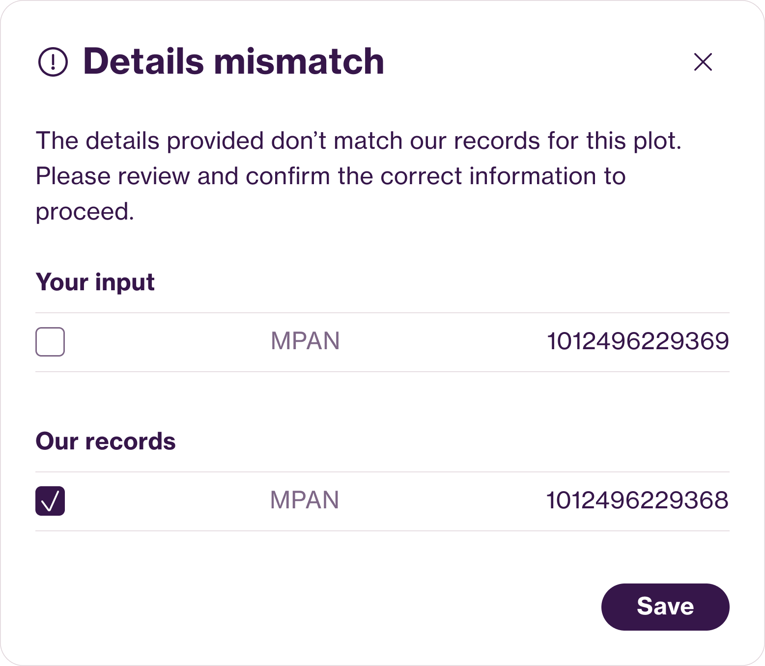 Details mismatch modal comparing the developer's input against E.ON Next records, with the record value selected