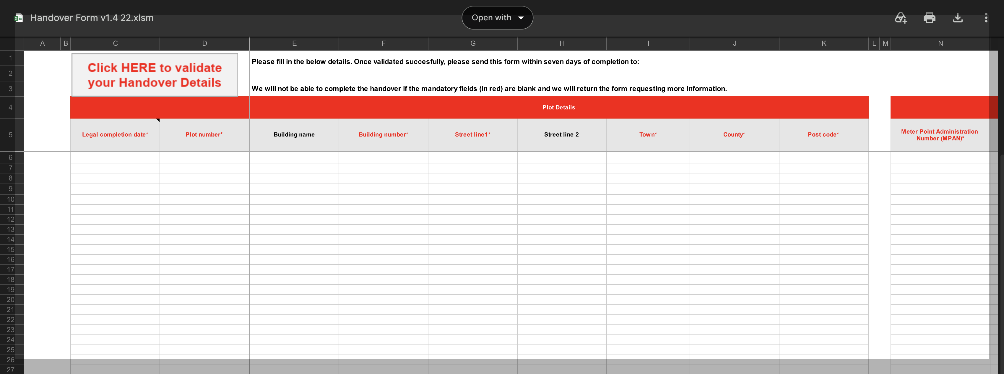 The old handover form: a macro-enabled Excel spreadsheet with red mandatory columns, a click-here-to-validate button and instructions to email it back within seven days