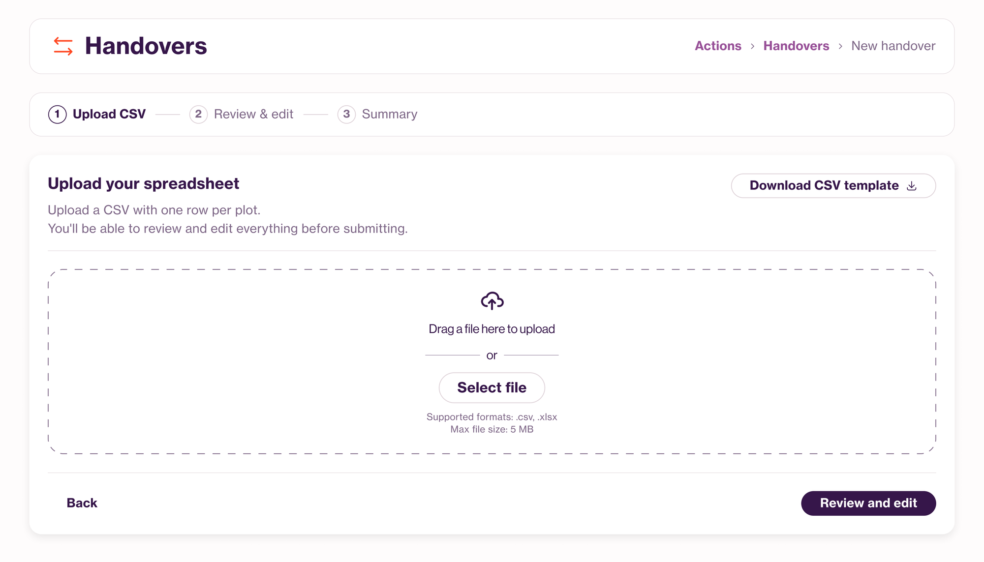 Gateway's interim bulk-handover screen: upload your spreadsheet as a CSV, with a drag-and-drop area and a CSV template download
