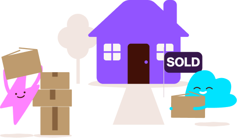 Illustration of the E.ON mascots moving house: a purple home with a SOLD sign, the pink star and teal cloud characters carrying boxes