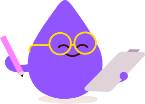 Purple droplet mascot with glasses, holding a clipboard and pencil