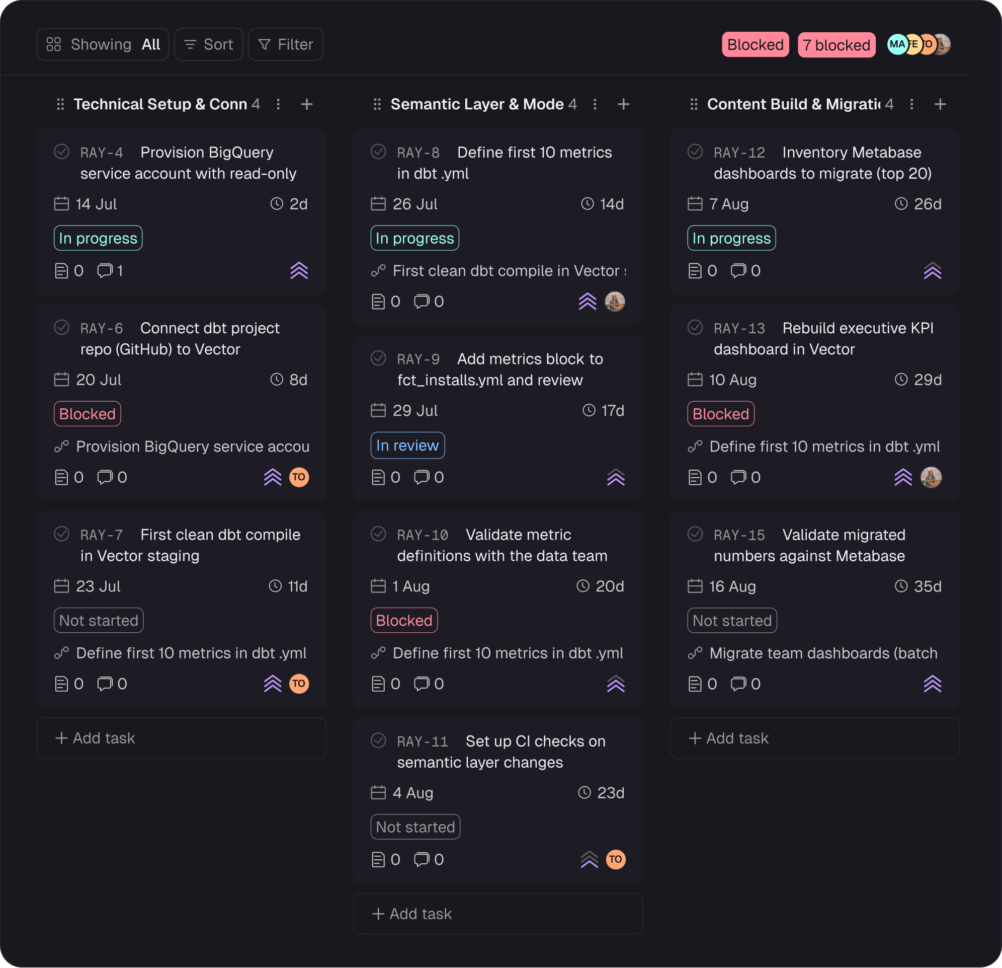 Vector's vendor board: an onboarding as a Kanban board, phases as columns, tasks carrying owner, due date and status.
