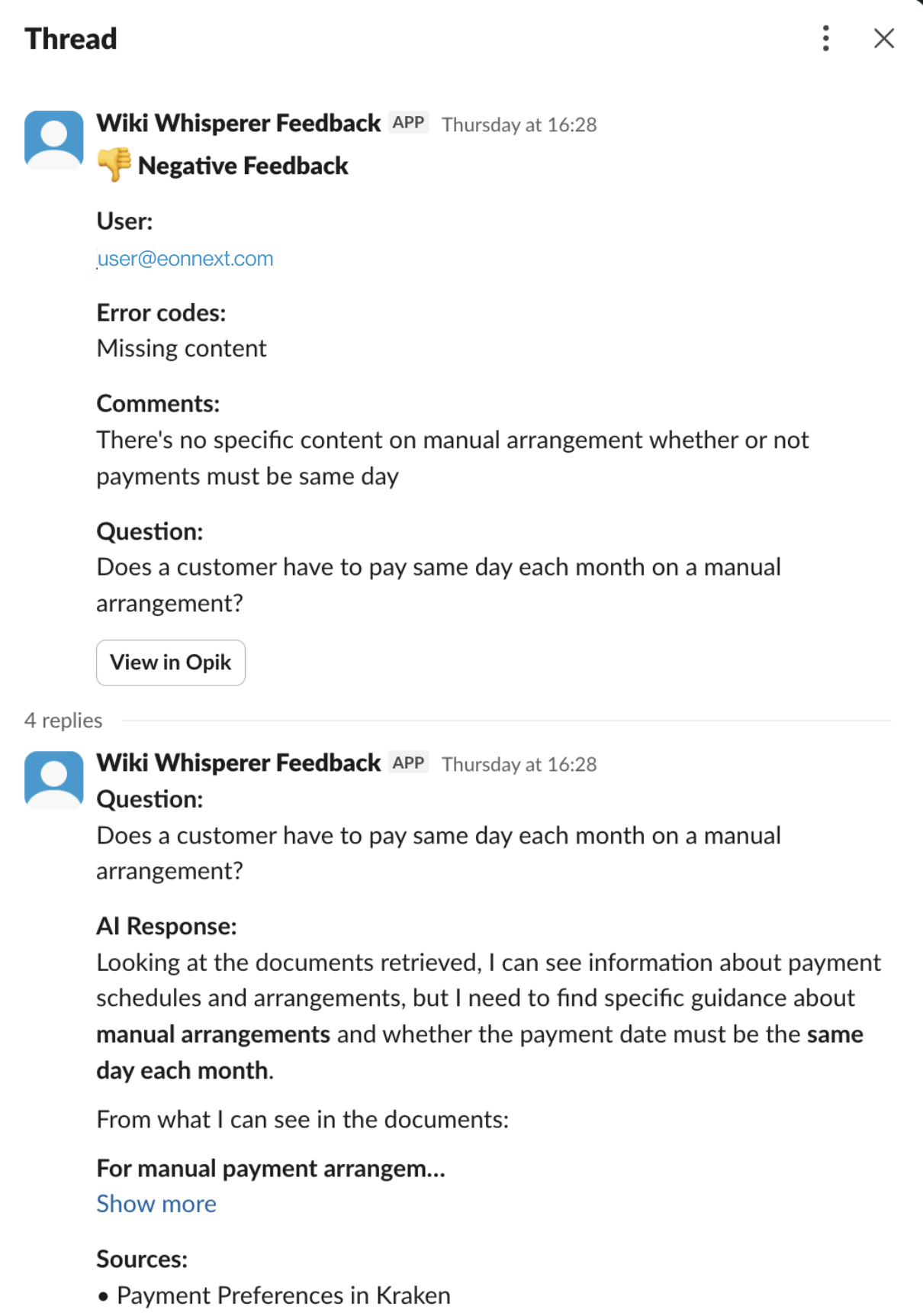 Feedback routed to a Slack channel for experts to action