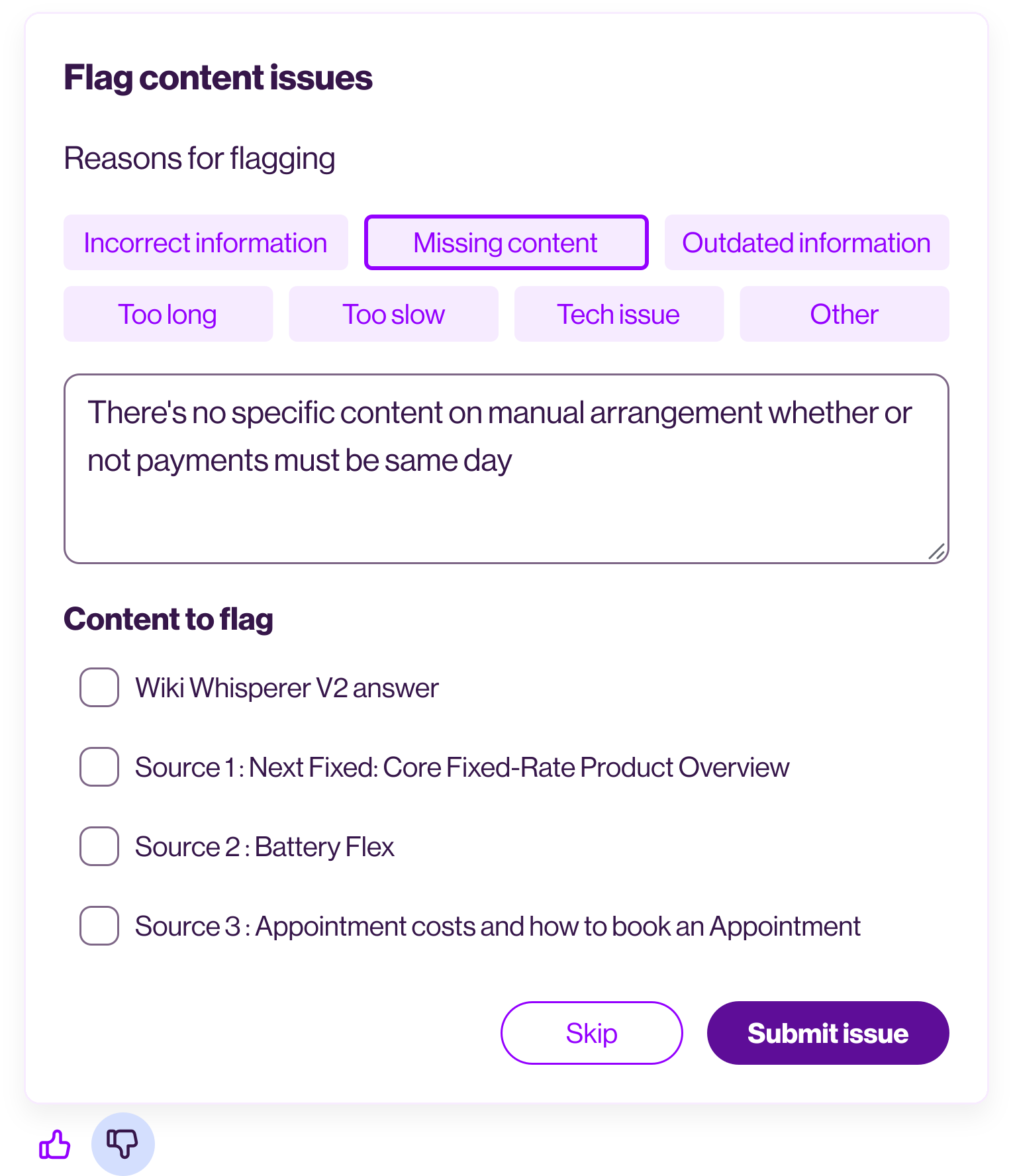 Flag-content form where agents say what was wrong and flag the source