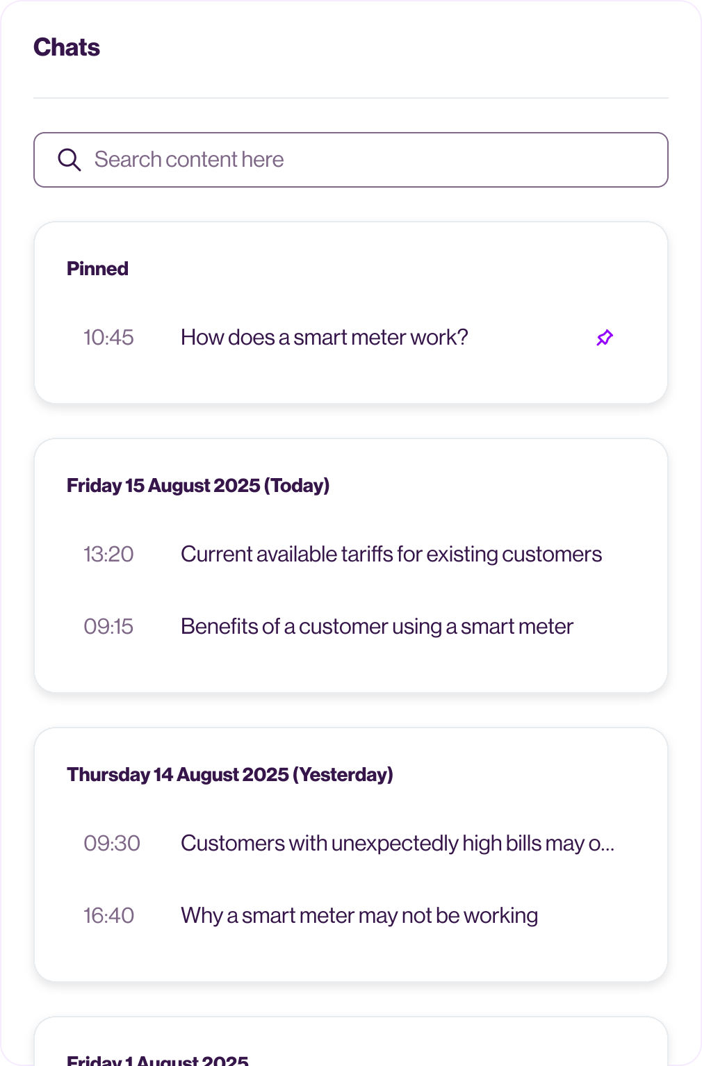 Searchable chat history with pinned conversations